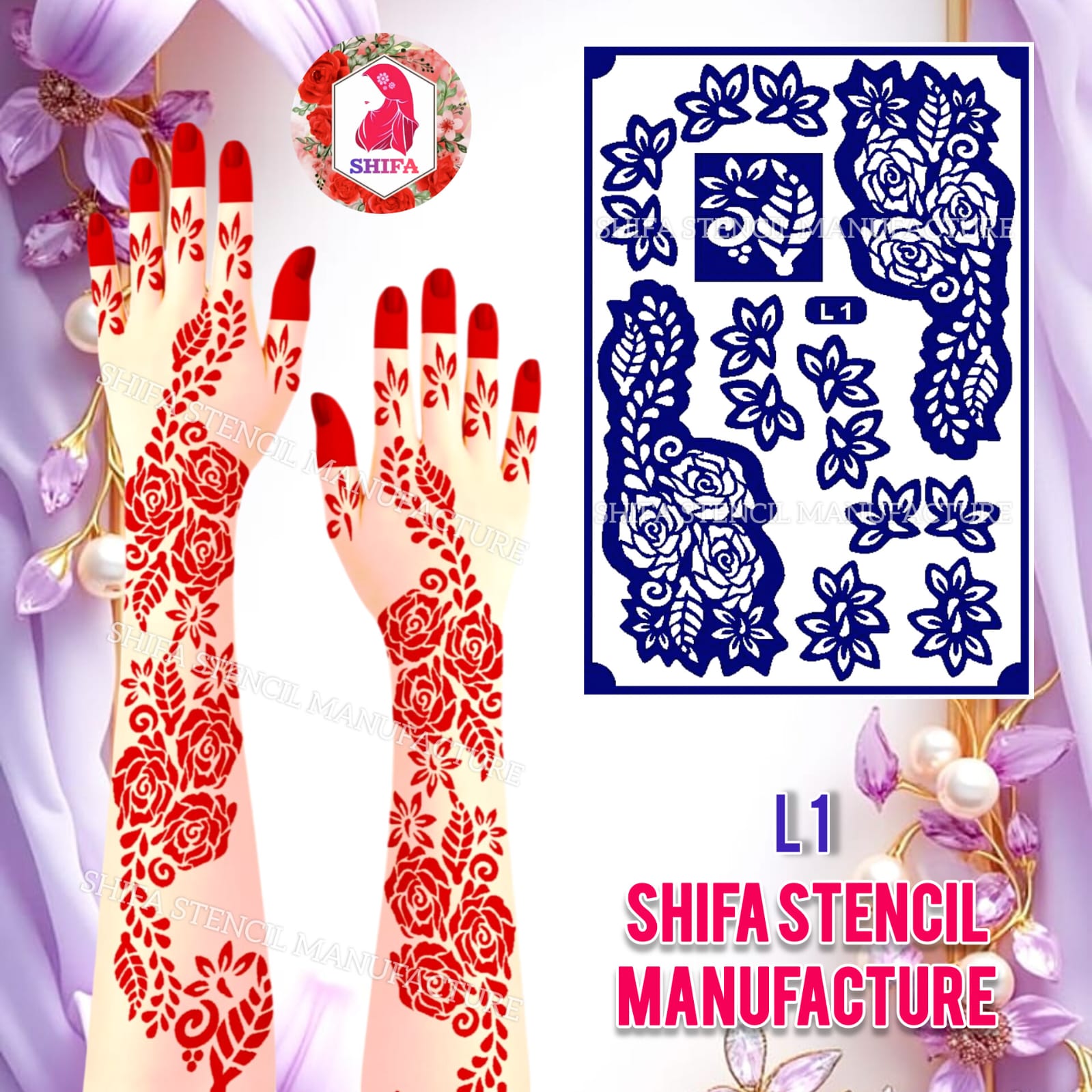 L 1 Rose Leafy Design Sticker Overview Henna Stencil - Shifa Stencil